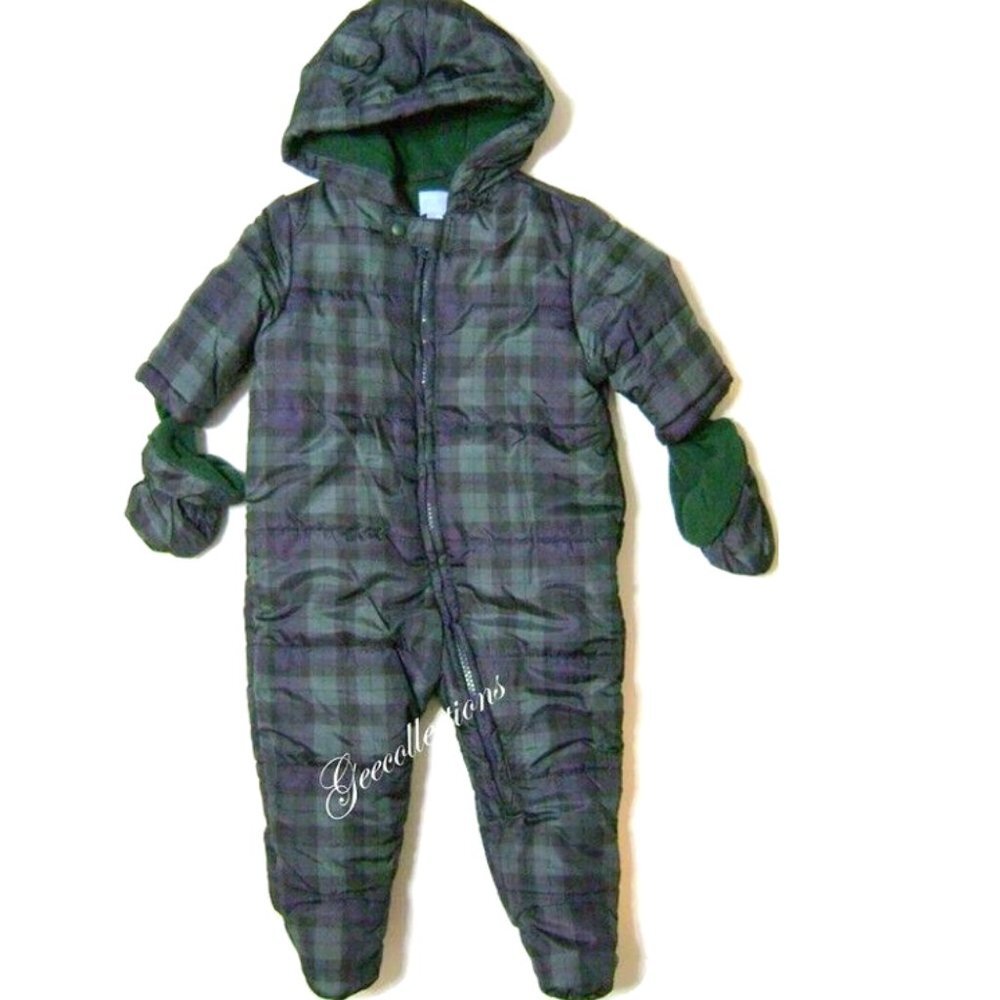 The Children's Place Baby Boys Bear Snowsuit Plaid Fleece lined Mittens … - Picture 1 of 5